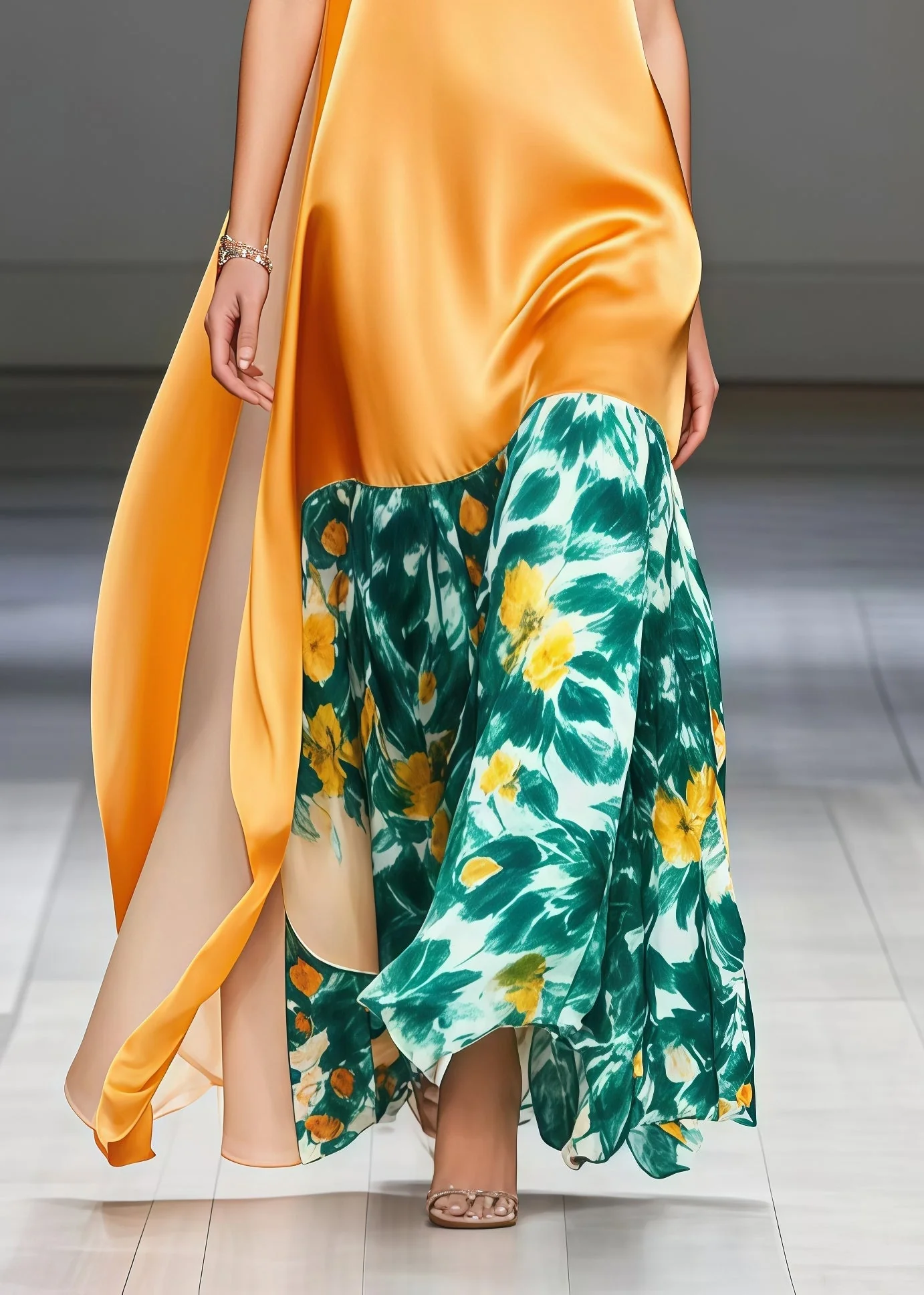 DIY Yellow Print Patchwork Side Open Silk Long Dress Summer - Image 4