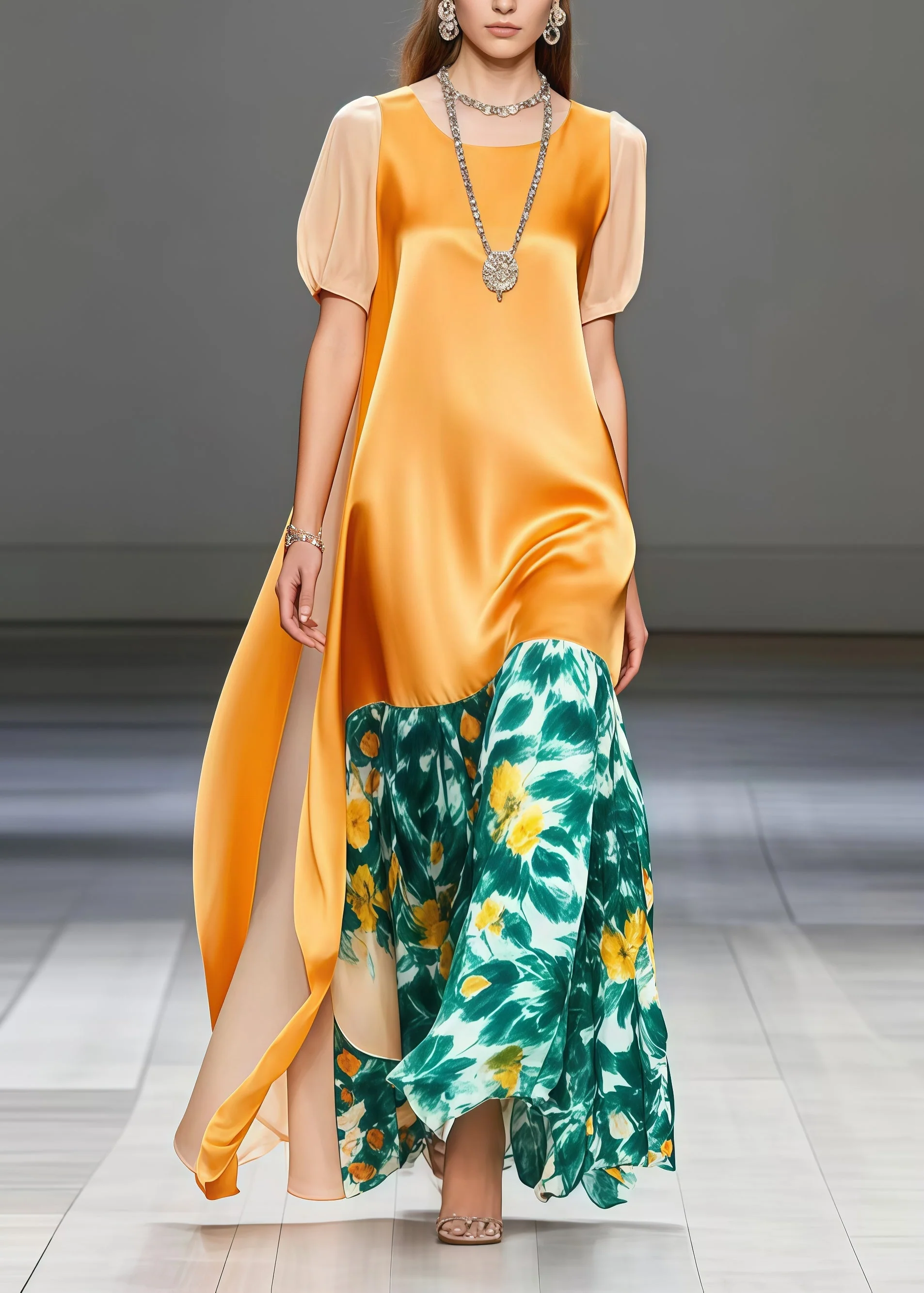 DIY Yellow Print Patchwork Side Open Silk Long Dress Summer - Image 5