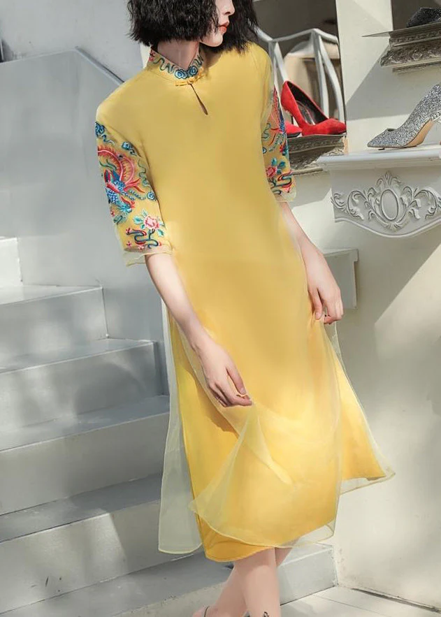 DIY Yellow Stand Collar Embroideried Button Tulle Silk Dress Long Sleeve - Image 2