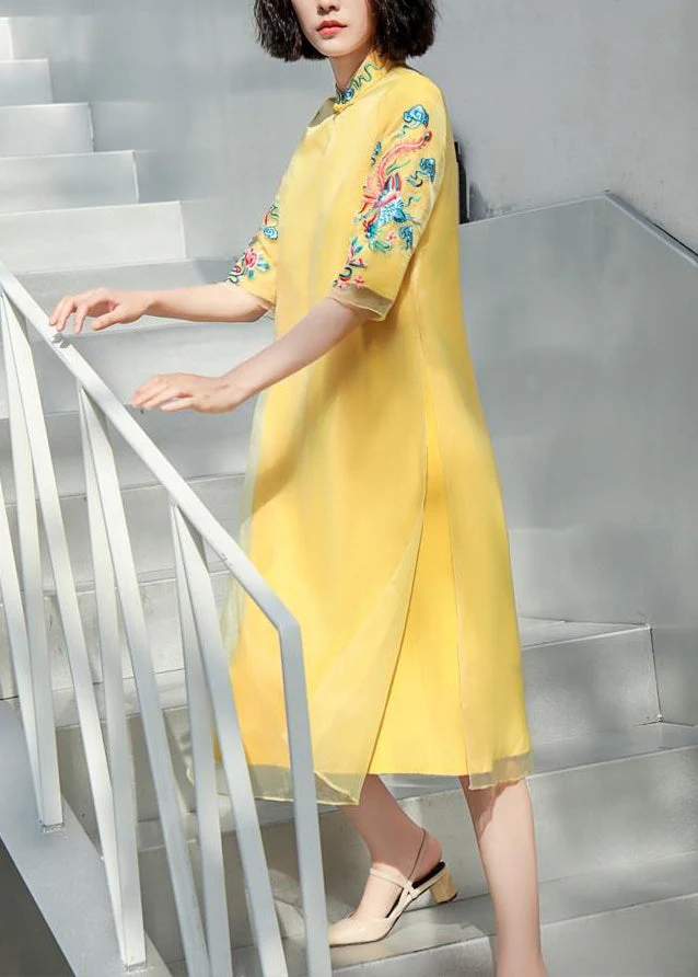 DIY Yellow Stand Collar Embroideried Button Tulle Silk Dress Long Sleeve - Image 3