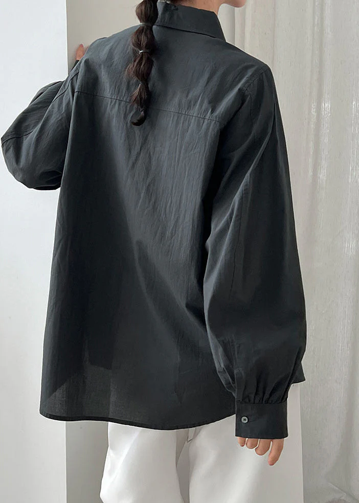 Dull Grey Cotton Loose Shirts Peter Pan Collar Spring - Image 3