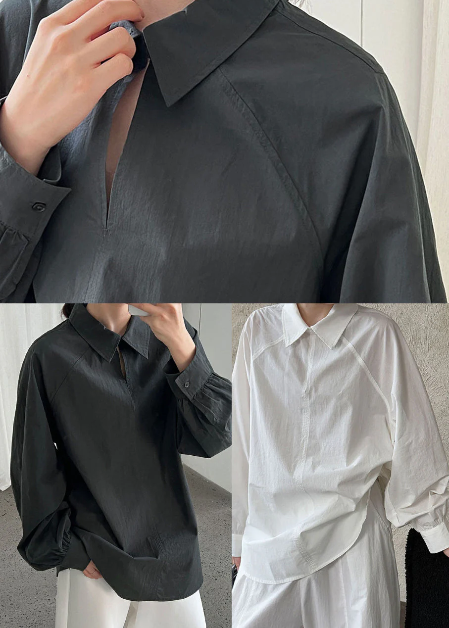 Dull Grey Cotton Loose Shirts Peter Pan Collar Spring - Image 4