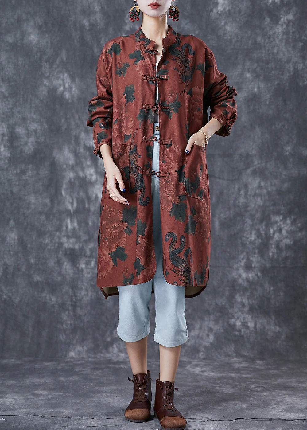Dull Red Floral Print Linen Chinese Style Shirt Dress Fall - Image 2