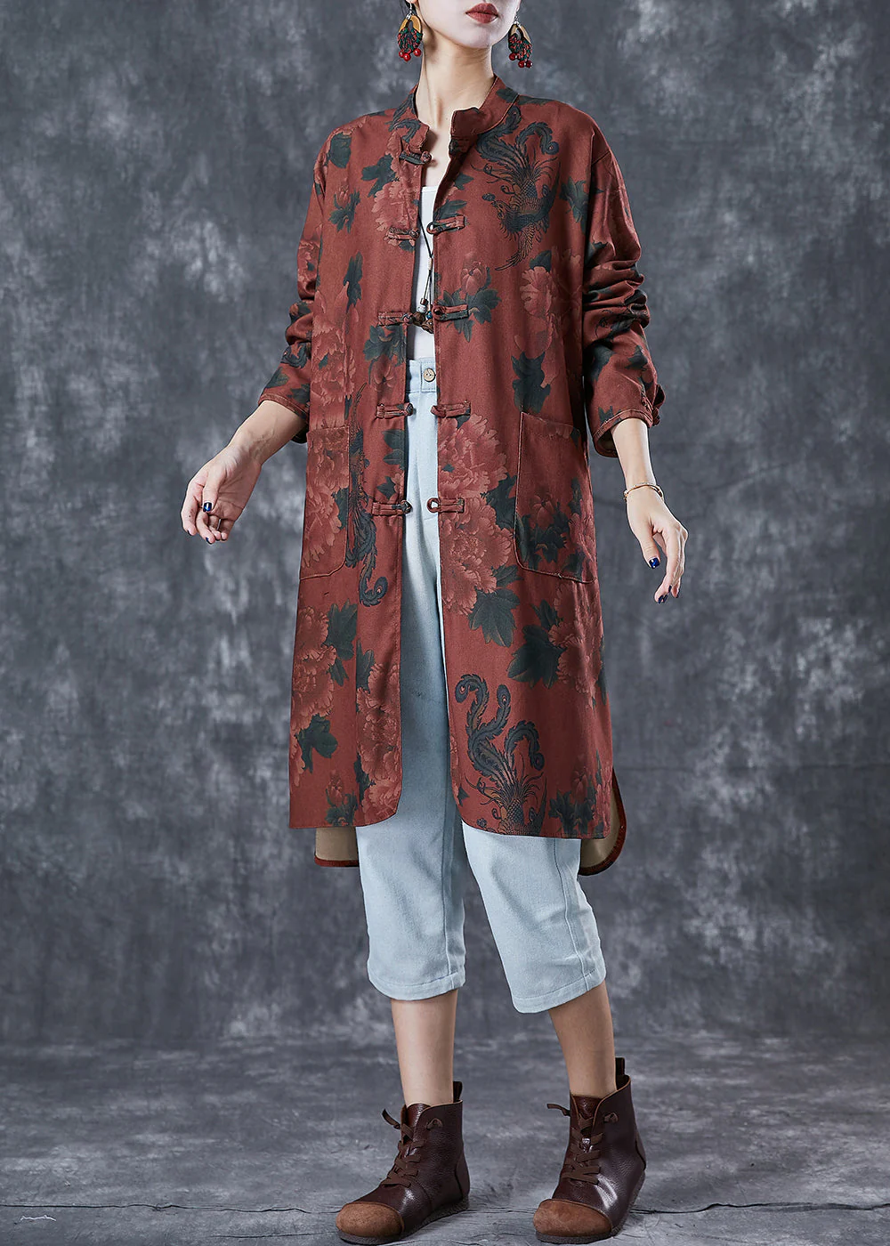 Dull Red Floral Print Linen Chinese Style Shirt Dress Fall - Image 3