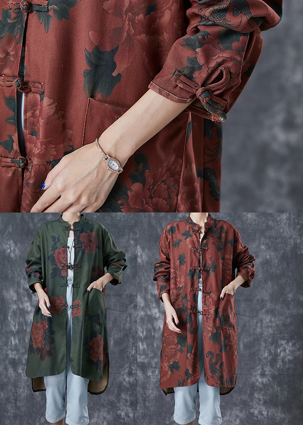 Dull Red Floral Print Linen Chinese Style Shirt Dress Fall - Image 5