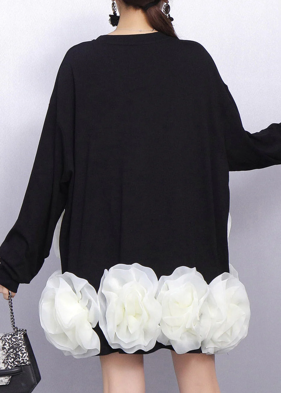 Editorial Style Black Voluminous White Bloom T Shirt Dress - Image 5