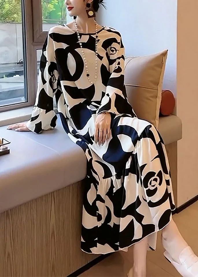 Elegant And Lazy Style Black And White Contrast Large Flower Floral Pattern Satin Texture Dress Flare Sleeve - Image 2