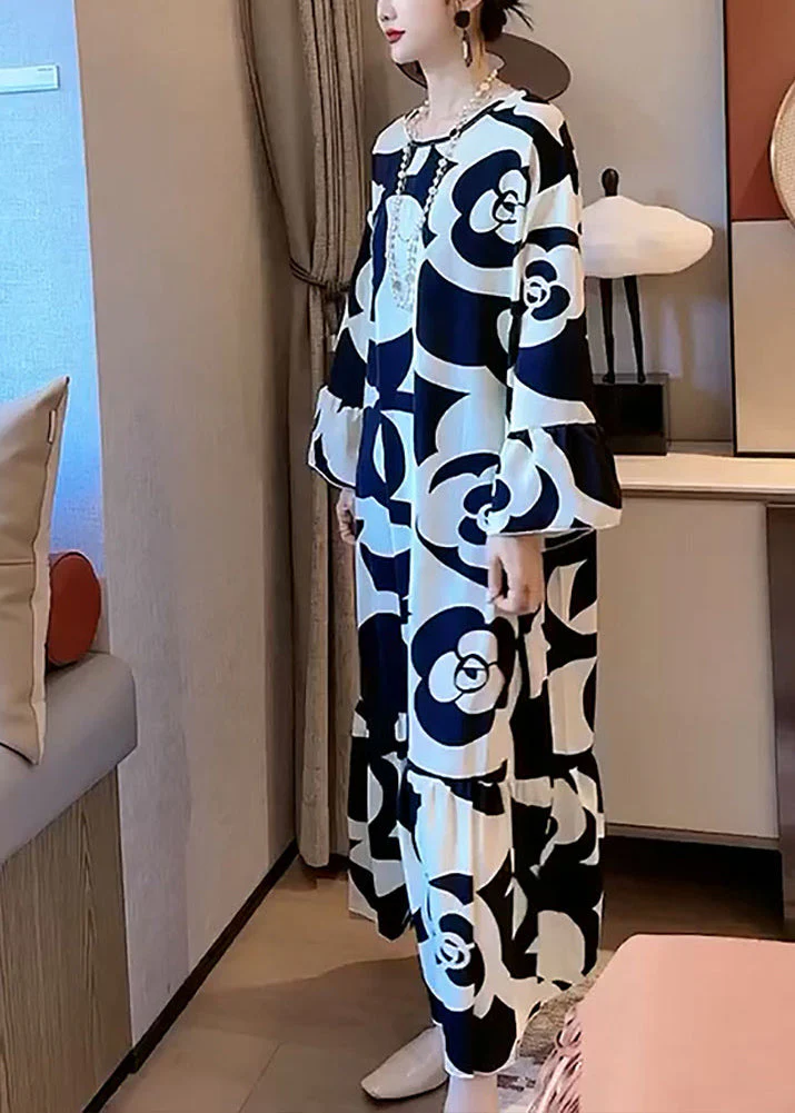 Elegant And Lazy Style Black And White Contrast Large Flower Floral Pattern Satin Texture Dress Flare Sleeve - Image 3