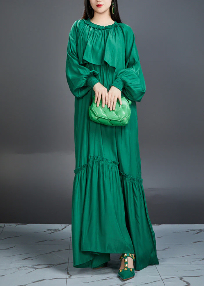 Elegant And Noble Emerald Ruffled Maxi Dress Lantern Sleeve - Image 2