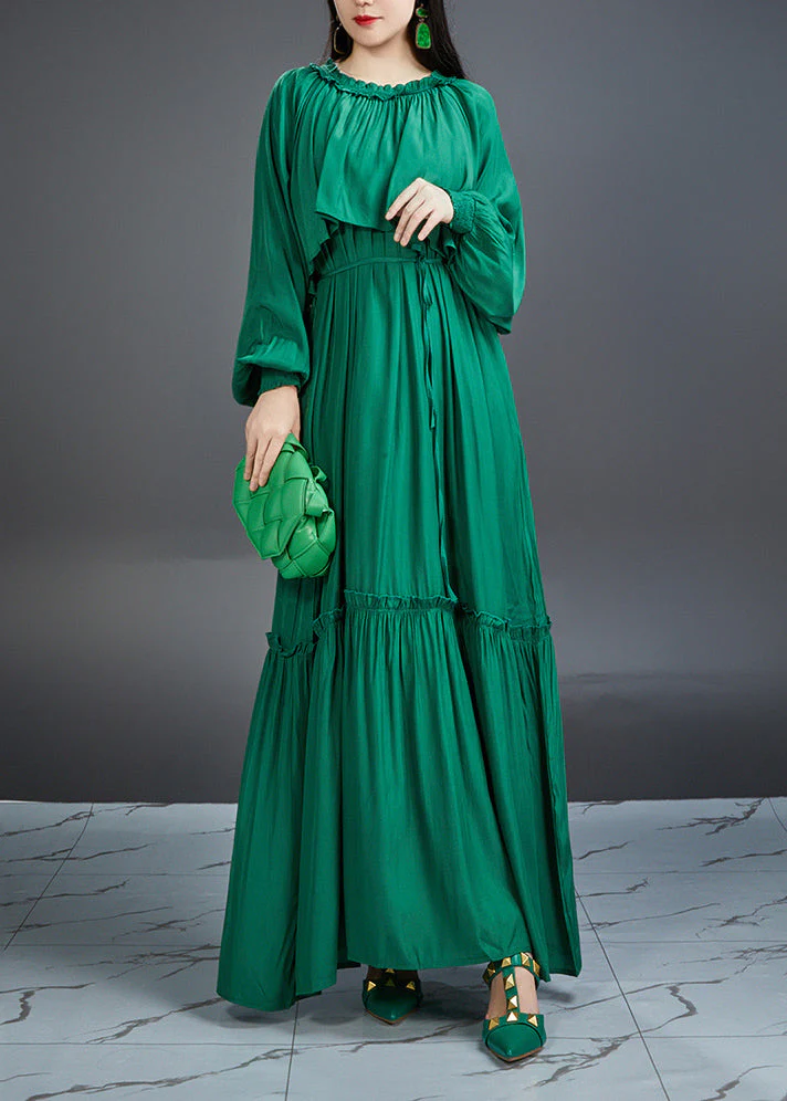Elegant And Noble Emerald Ruffled Maxi Dress Lantern Sleeve - Image 3