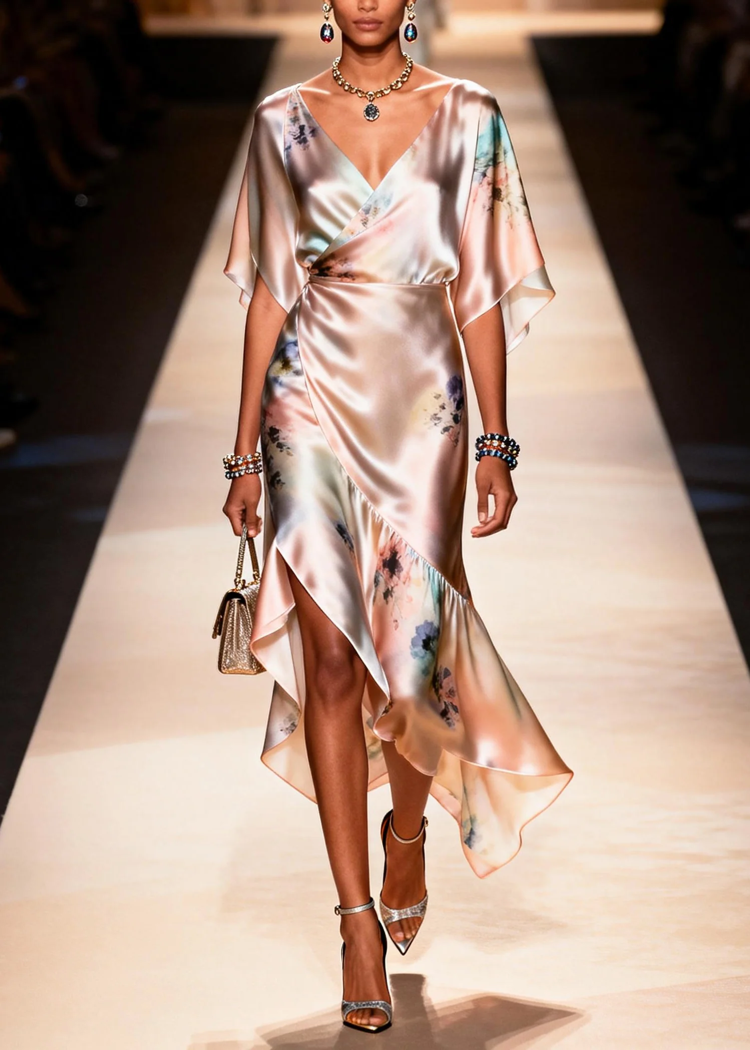 Elegant Apricot Asymmetrical Print Chiffon Party Dress Summer - Image 3