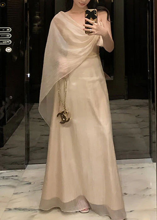 Elegant Apricot Asymmetrical Solid Silk Maxi Dresses Summer - Image 2