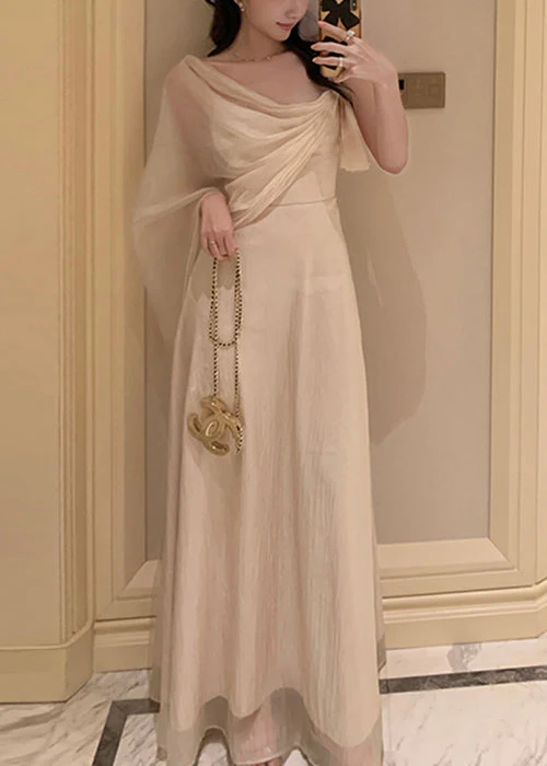 Elegant Apricot Asymmetrical Solid Silk Maxi Dresses Summer - Image 3