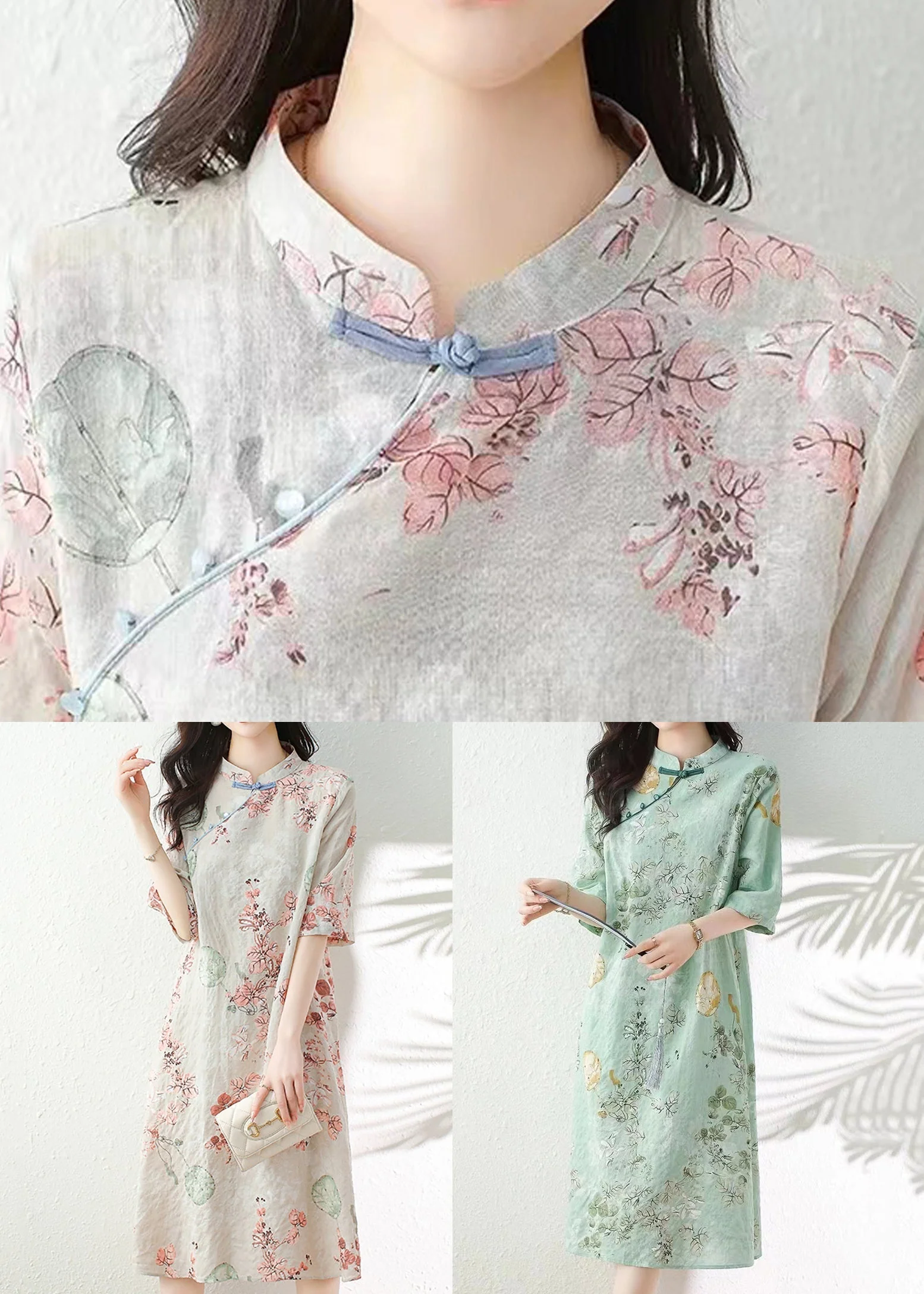 Elegant Apricot Button Print Linen Dress Half Sleeve - Image 5