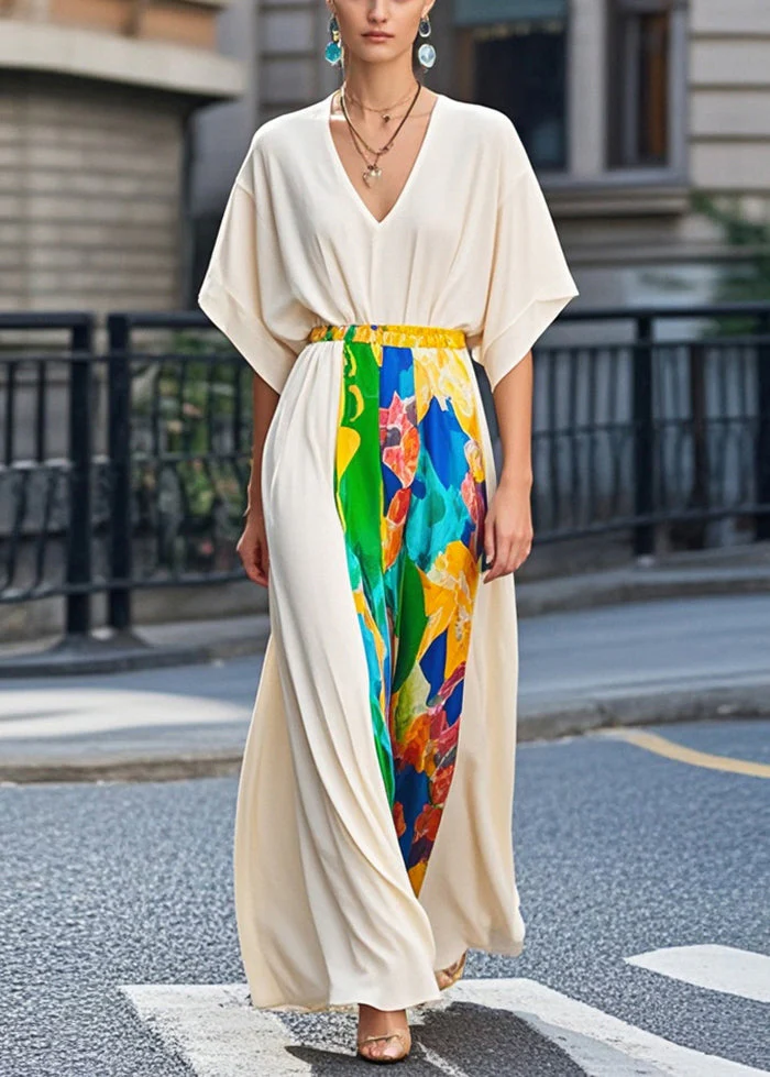 Elegant Apricot Cinched Patchwork Chiffon Party Dress Summer - Image 3
