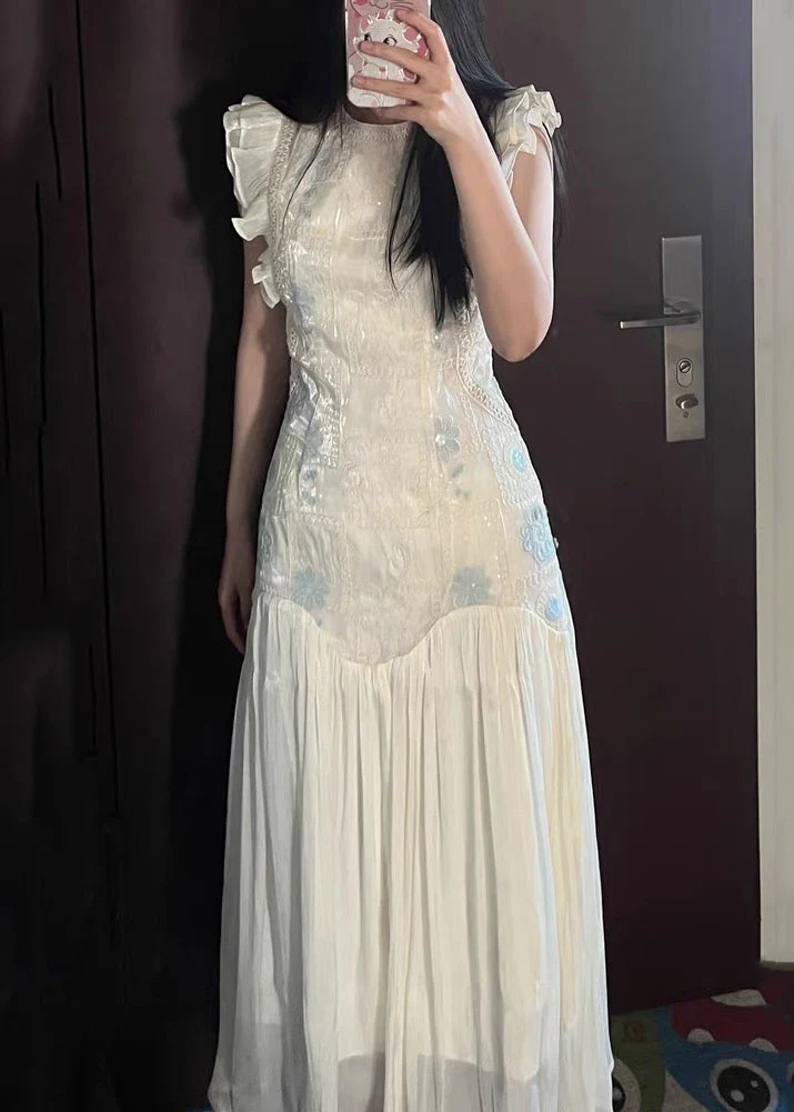 Elegant Apricot Embroidered Wrinkled Patchwork Long Dress Summer - Image 2