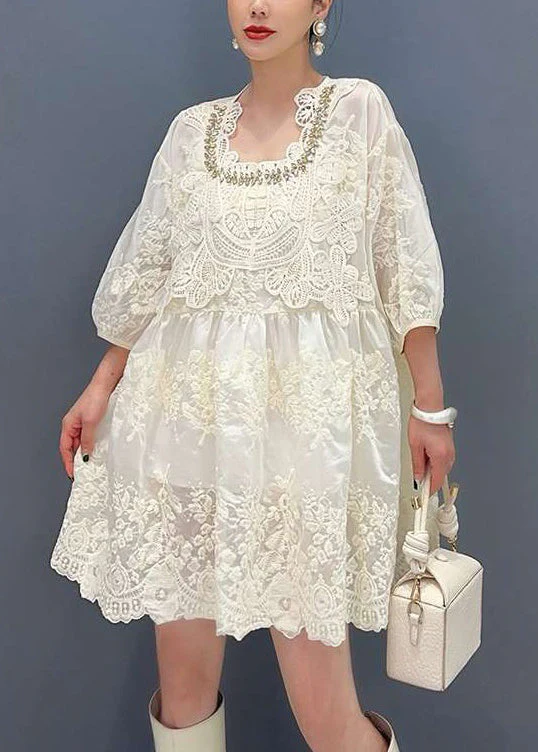 Elegant Apricot Embroidered Zircon Lace Mid Dress Bracelet Sleeve - Image 2