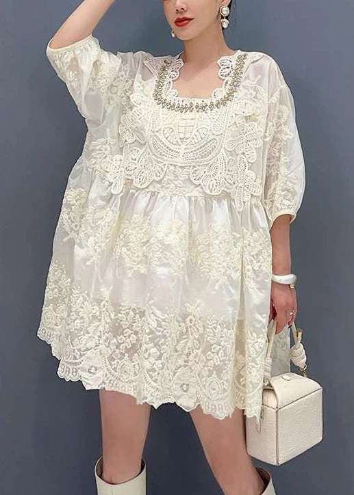 Elegant Apricot Embroidered Zircon Lace Mid Dress Bracelet Sleeve - Image 3