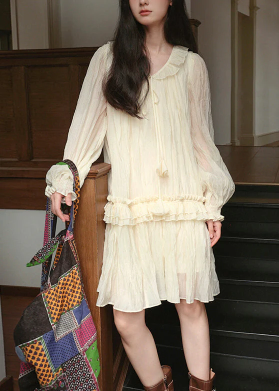 Elegant Apricot Lace Up Ruffled Silk Mini Dresses Fall - Image 2