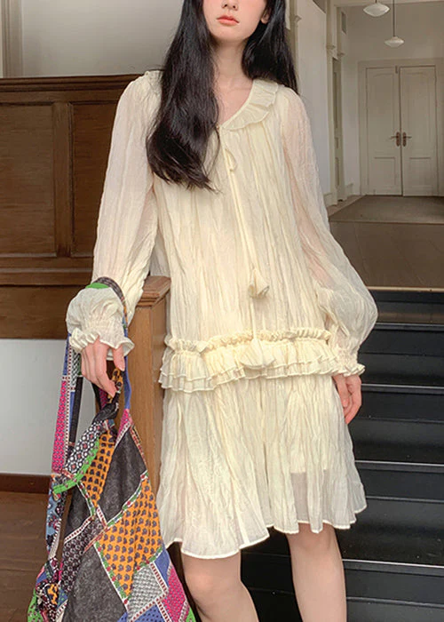 Elegant Apricot Lace Up Ruffled Silk Mini Dresses Fall - Image 3