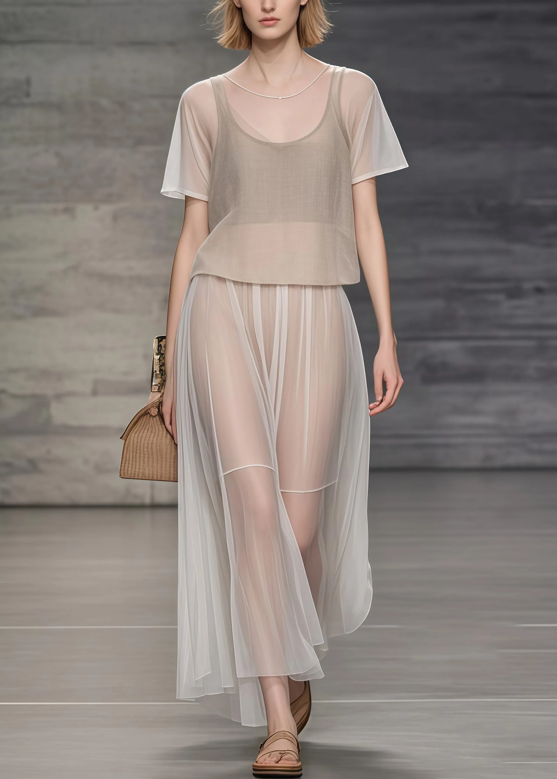 Elegant Apricot Oversized Draping Tulle Holiday Dress Two Piece Set Summer - Image 5