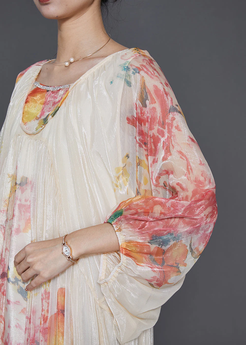 Elegant Apricot Oversized Print Chiffon Vacation Dresses Lantern Sleeve - Image 5