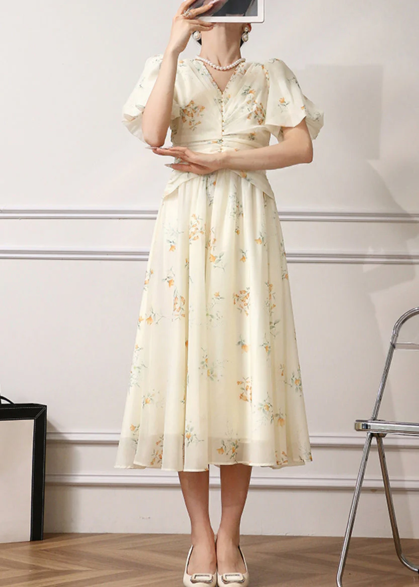Elegant Apricot Print High Waist Chiffon Dress Summer - Image 2