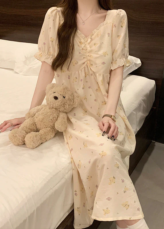 Elegant Apricot Print Ruffled Cotton Pajamas Dress V Neck Summer - Image 2