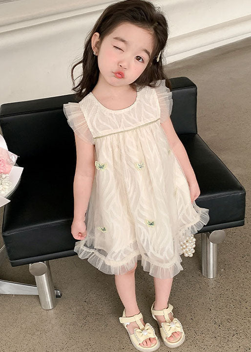 Elegant Apricot Ruffled Butterfly Patchwork Tulle Baby Girls Dress Summer - Image 2