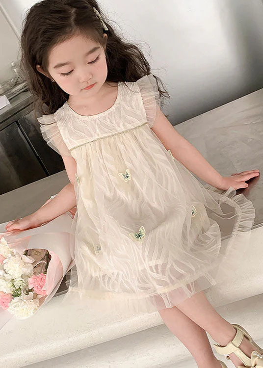 Elegant Apricot Ruffled Butterfly Patchwork Tulle Baby Girls Dress Summer - Image 3