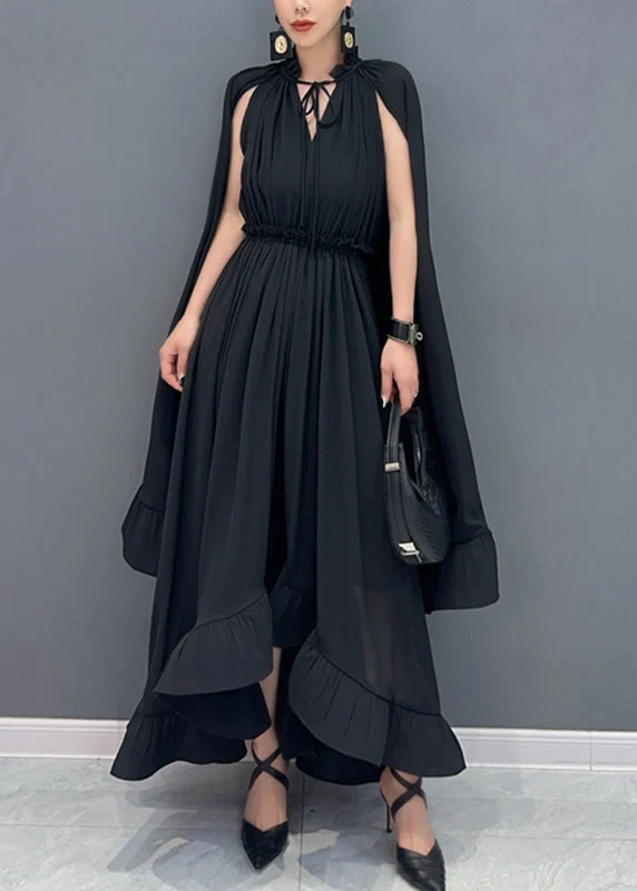 Elegant Apricot Ruffled Patchwork Elastic Waist Chiffon Maxi Dress Summer - Image 2