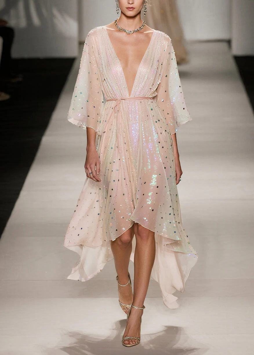 Elegant Apricot Sequins Low High Design Tulle Tunic Dress Summer - Image 3