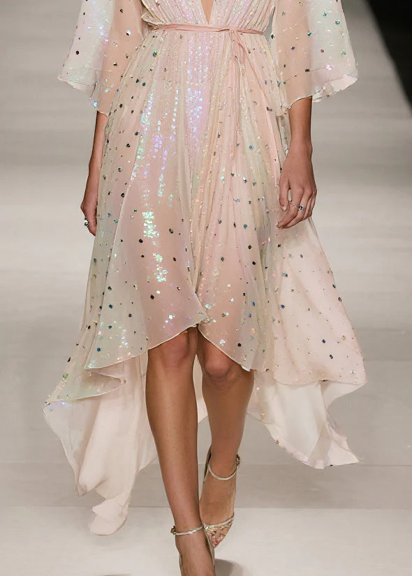 Elegant Apricot Sequins Low High Design Tulle Tunic Dress Summer - Image 4