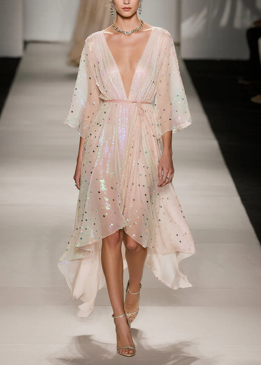 Elegant Apricot Sequins Low High Design Tulle Tunic Dress Summer - Image 5