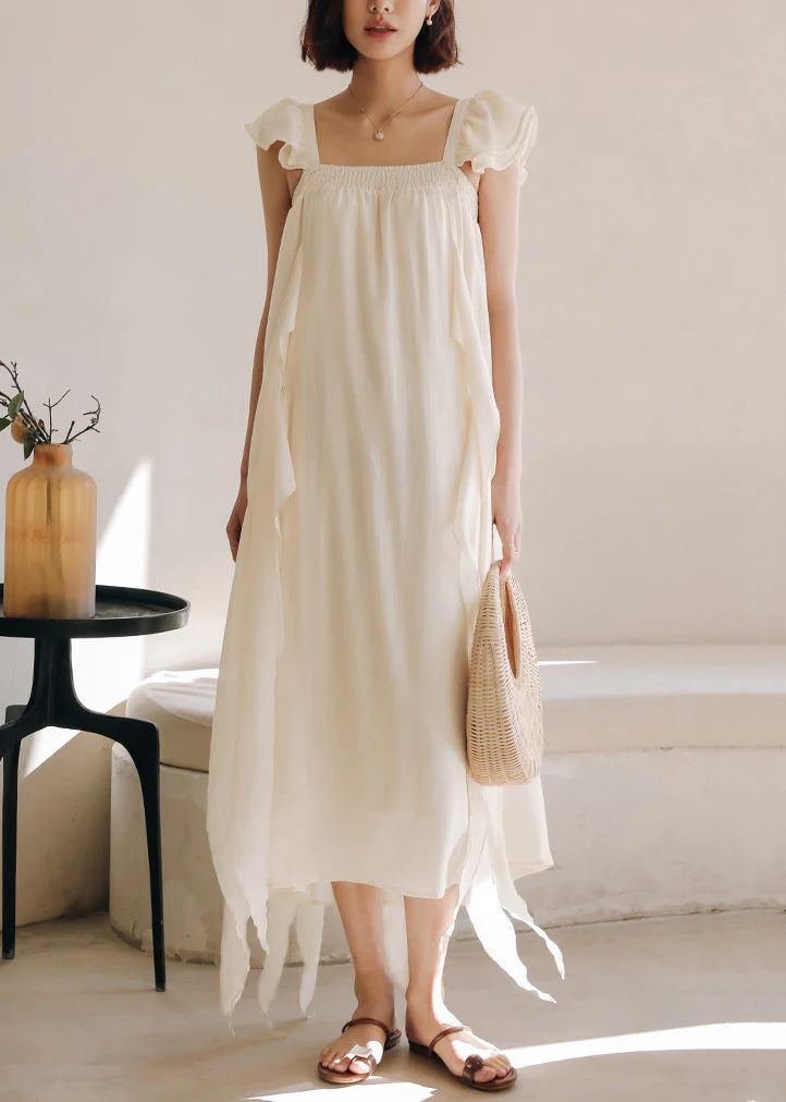 Elegant Apricot Square Collar Solid Silk Dresses Summer - Image 2