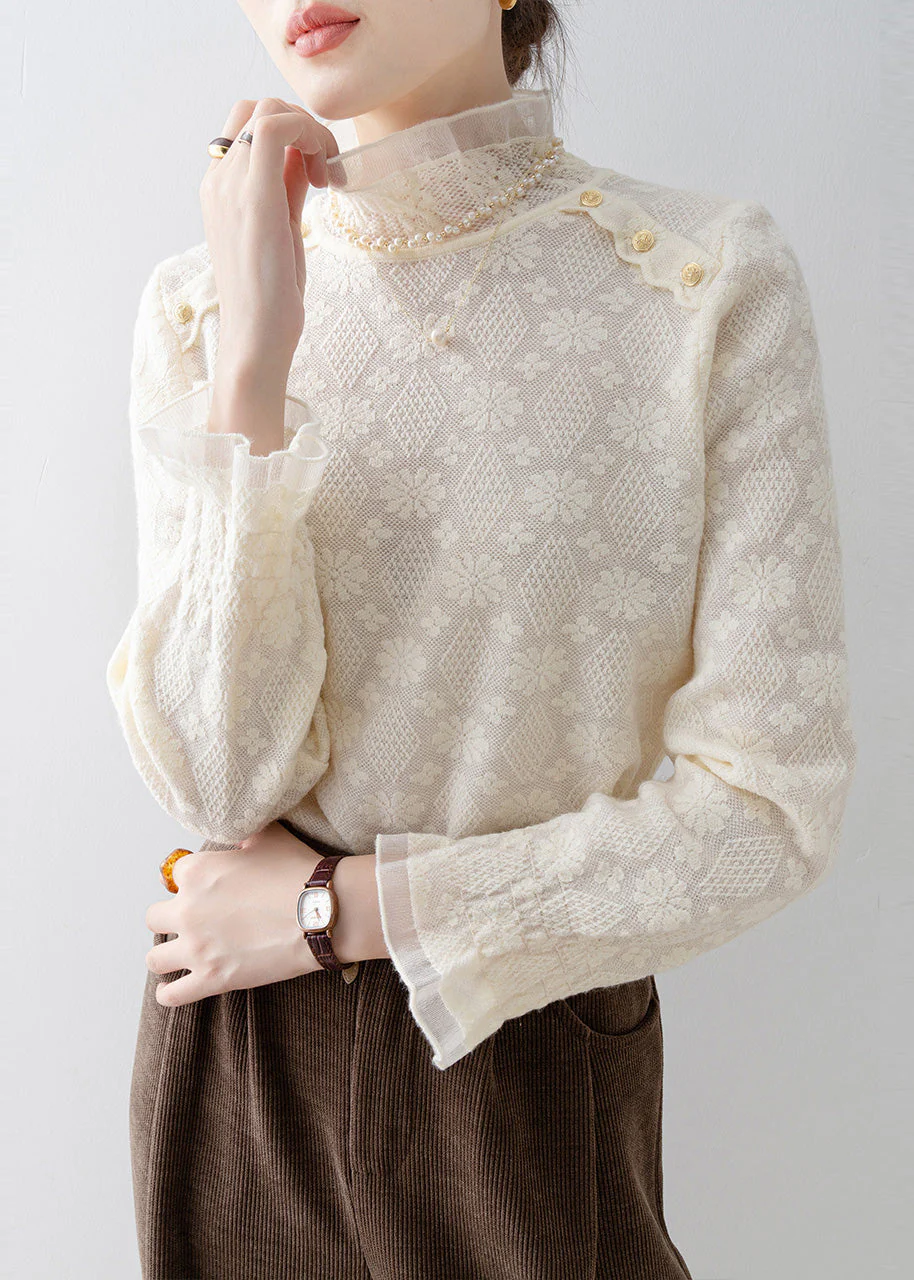 Elegant Apricot Stand Collar Jacquard Lace Shirt Top Spring - Image 2