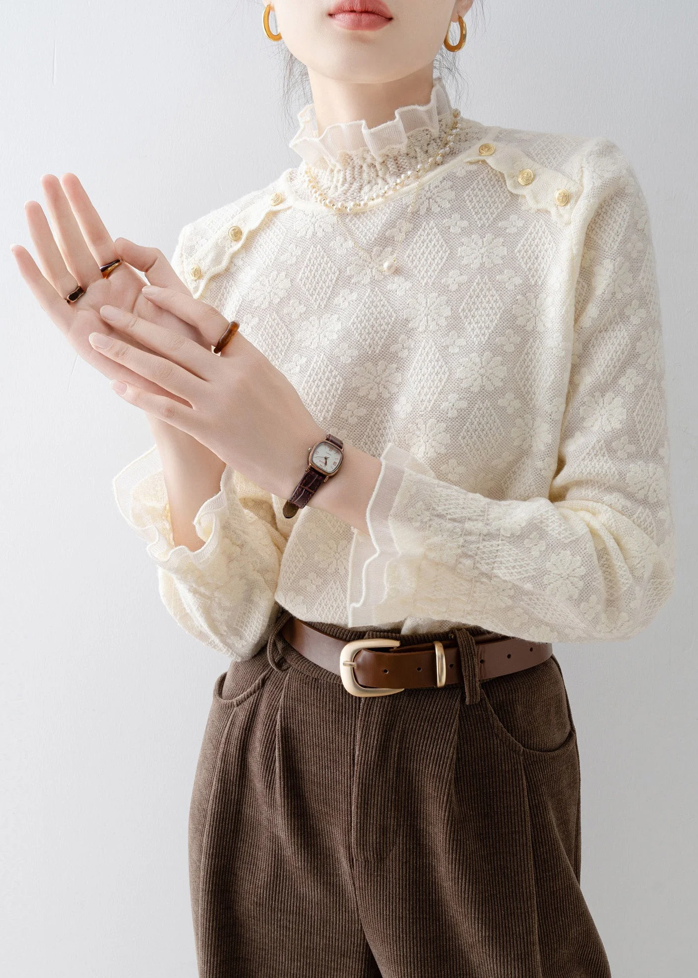 Elegant Apricot Stand Collar Jacquard Lace Shirt Top Spring - Image 4