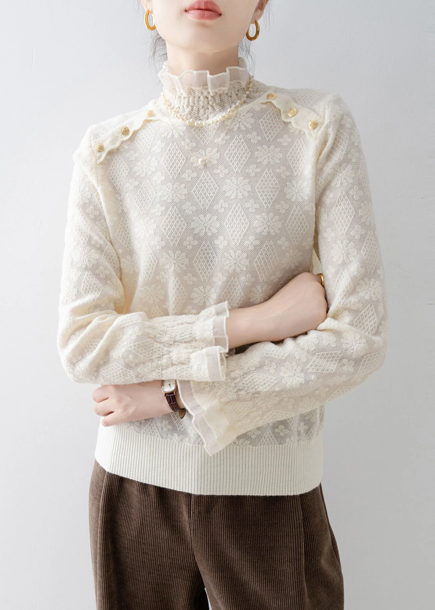 Elegant Apricot Stand Collar Jacquard Lace Shirt Top Spring - Image 5