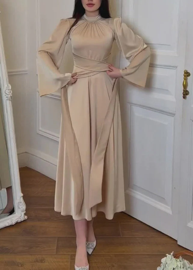 Elegant Apricot Stand Collar Lace Up Silk Dress Spring - Image 3