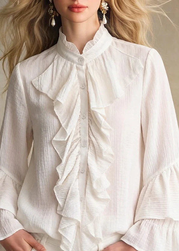 Elegant Apricot Stand Collar Ruffled Button Cotton Shirt - Image 2