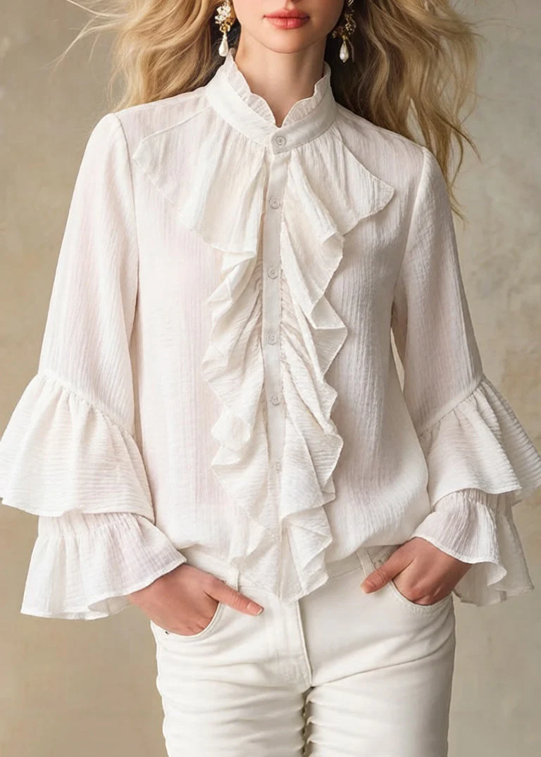 Elegant Apricot Stand Collar Ruffled Button Cotton Shirt - Image 3