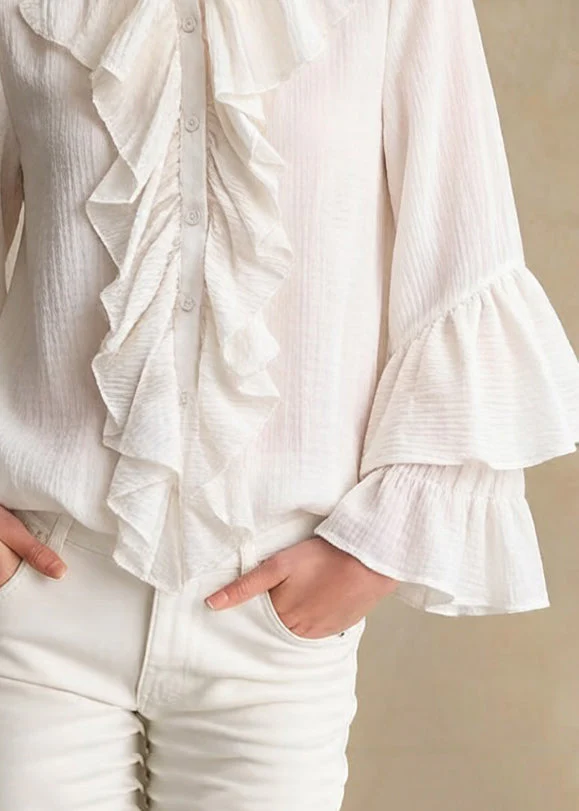 Elegant Apricot Stand Collar Ruffled Button Cotton Shirt - Image 4