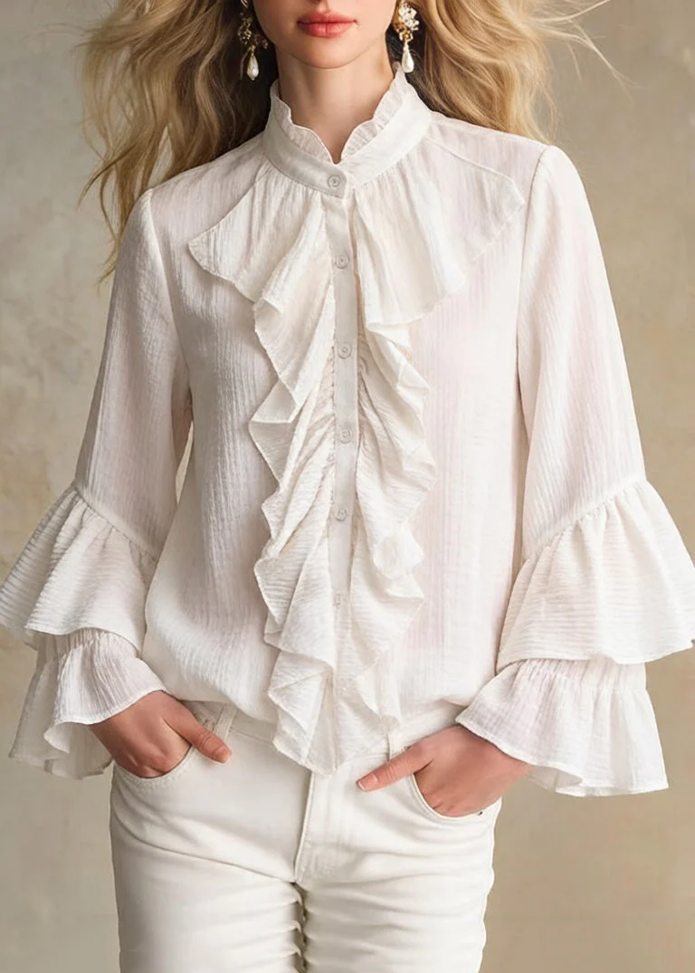 Elegant Apricot Stand Collar Ruffled Button Cotton Shirt - Image 5