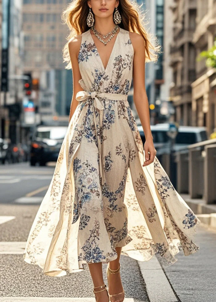 Elegant Apricot Tie Waist Print Cotton Dresses Sleeveless - Image 3