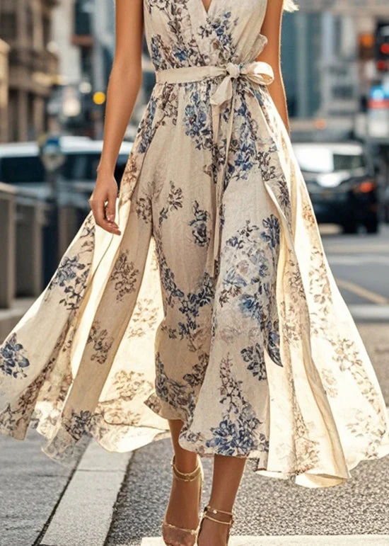 Elegant Apricot Tie Waist Print Cotton Dresses Sleeveless - Image 4