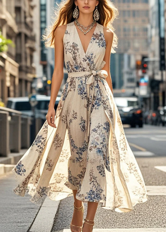 Elegant Apricot Tie Waist Print Cotton Dresses Sleeveless - Image 5