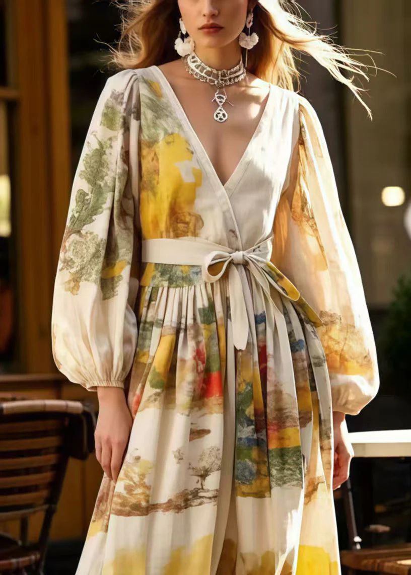Elegant Apricot Tie Waist Print Cotton Holiday Dress Spring - Image 2