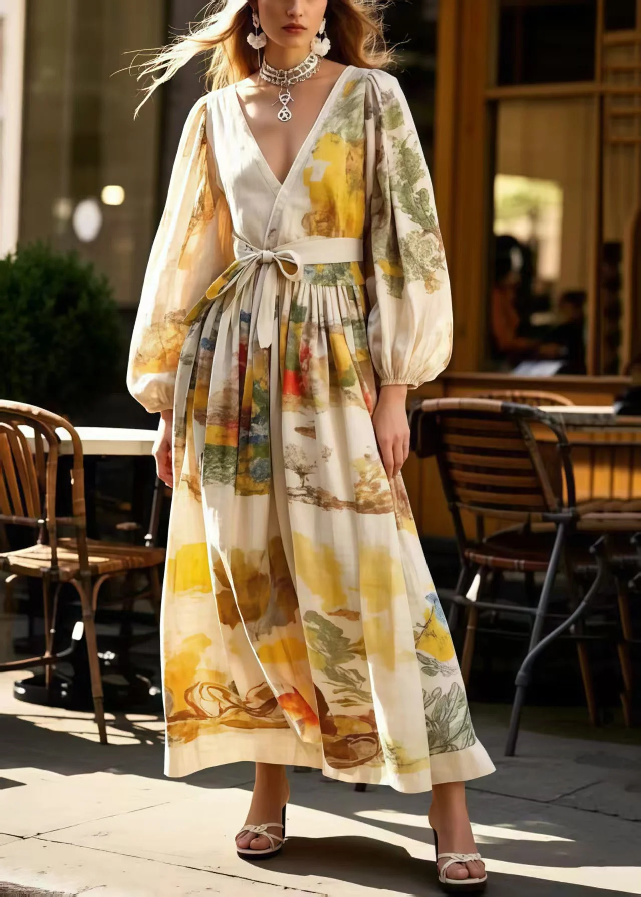 Elegant Apricot Tie Waist Print Cotton Holiday Dress Spring - Image 3