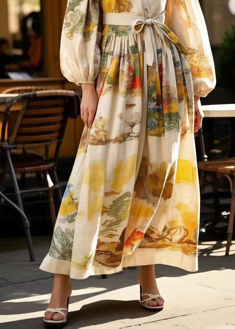 Elegant Apricot Tie Waist Print Cotton Holiday Dress Spring - Image 4