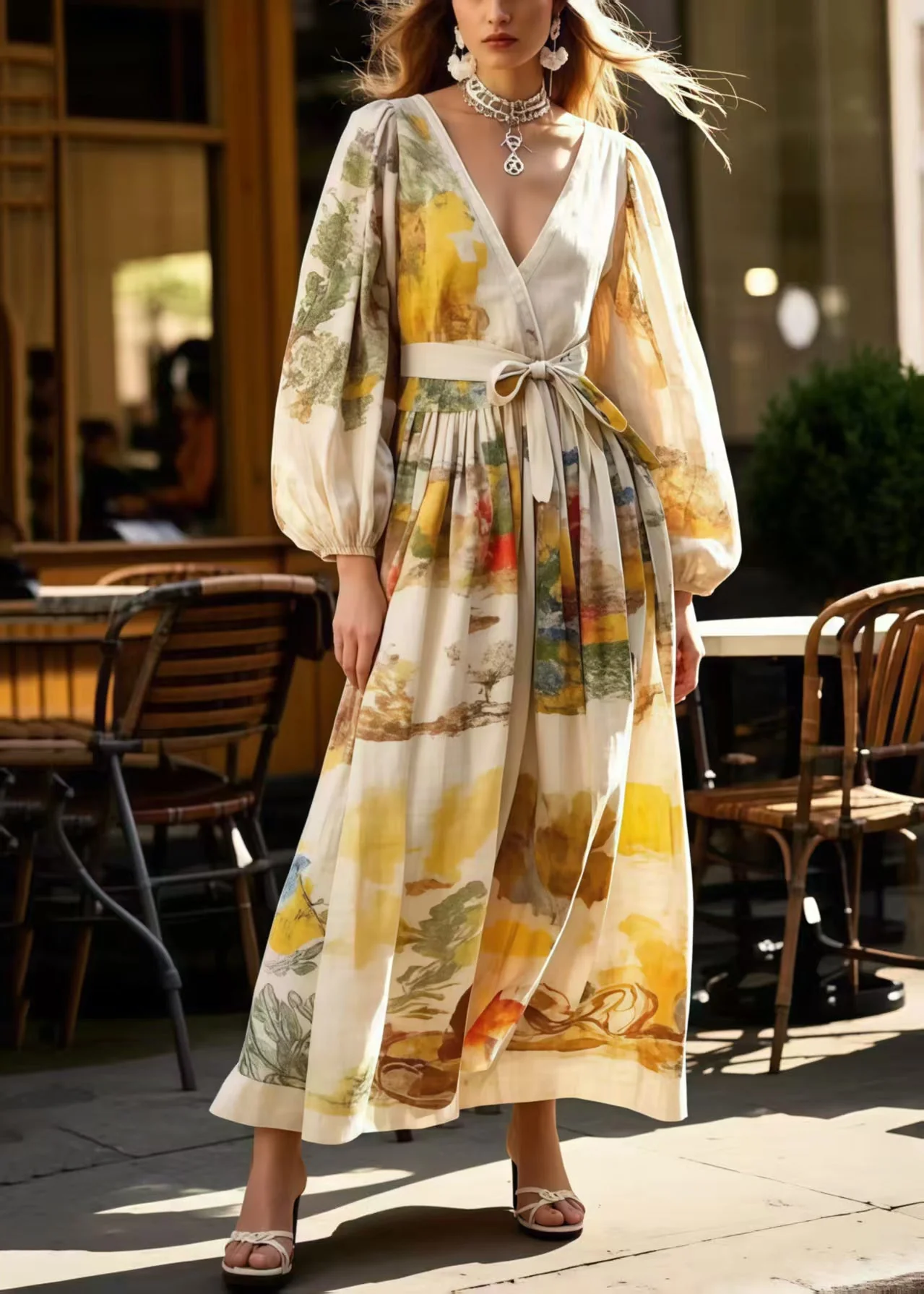 Elegant Apricot Tie Waist Print Cotton Holiday Dress Spring - Image 5
